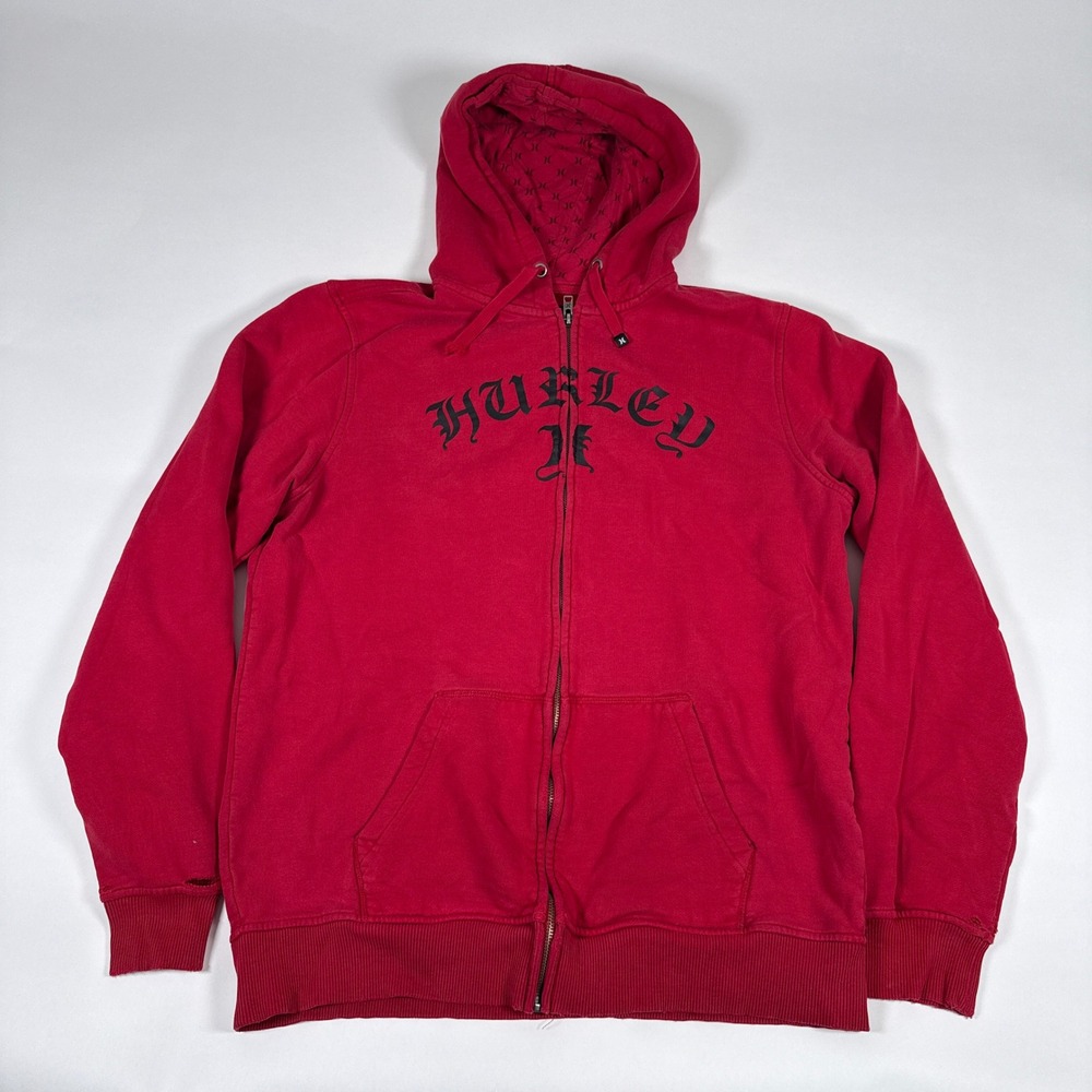 Y2K‎ Hurley Hoodie Mens Large Red Gothic Logo Fleece Lined Fall Skater Full Zip